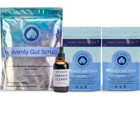 Gut Heaven Intermediate Parasite Collection - contains heavenly Gut Scrub, two Friendly Bacteria packs (60 tablets each) and the Gut Heaven Parasite Cleanse Tincture 100ml